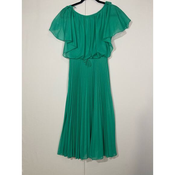 Vintage midi dress women’s small (estimated) Kelly green pleated skirt dress - Picture 1 of 4